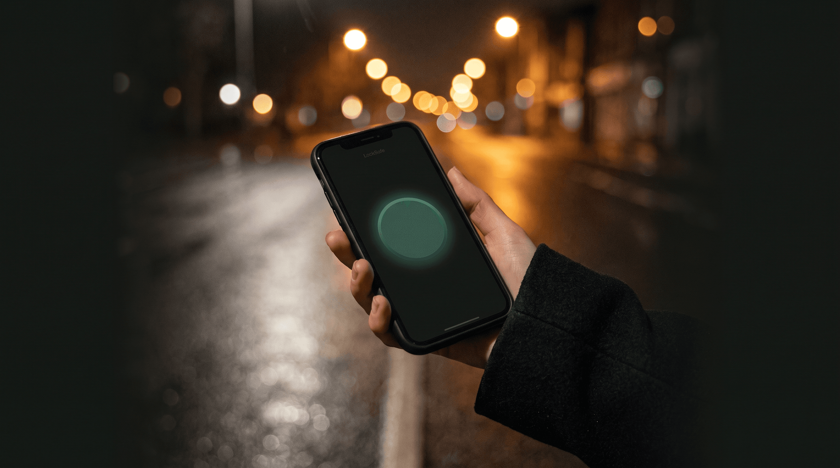 A hand holding a phone on a night street, the LockSafe emergency button glowing on screen